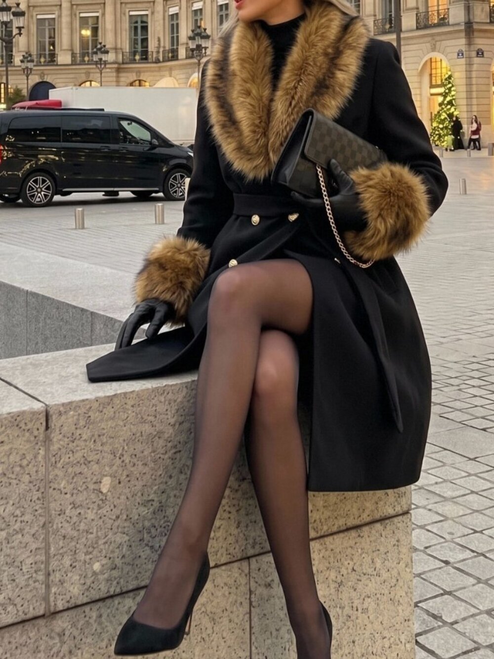 Multicolor Elegant Women's Contrast Fuzzy Double Breasted Belted Overcoat